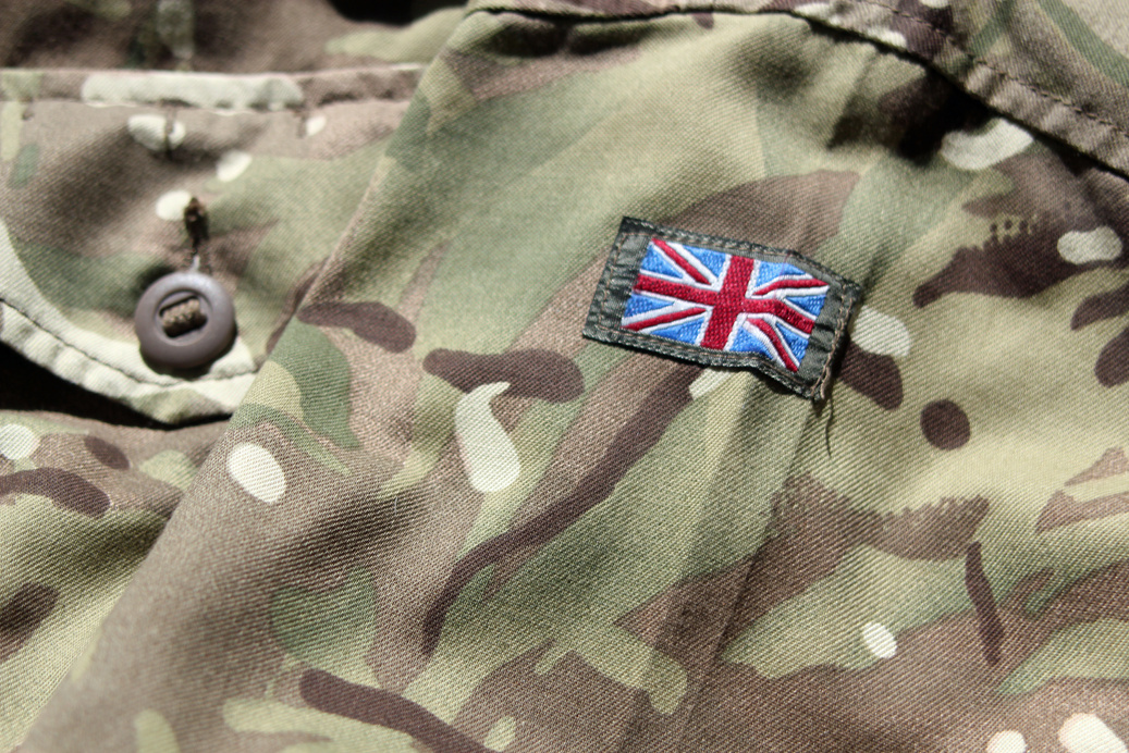 Close up of UK military uniform with union flag